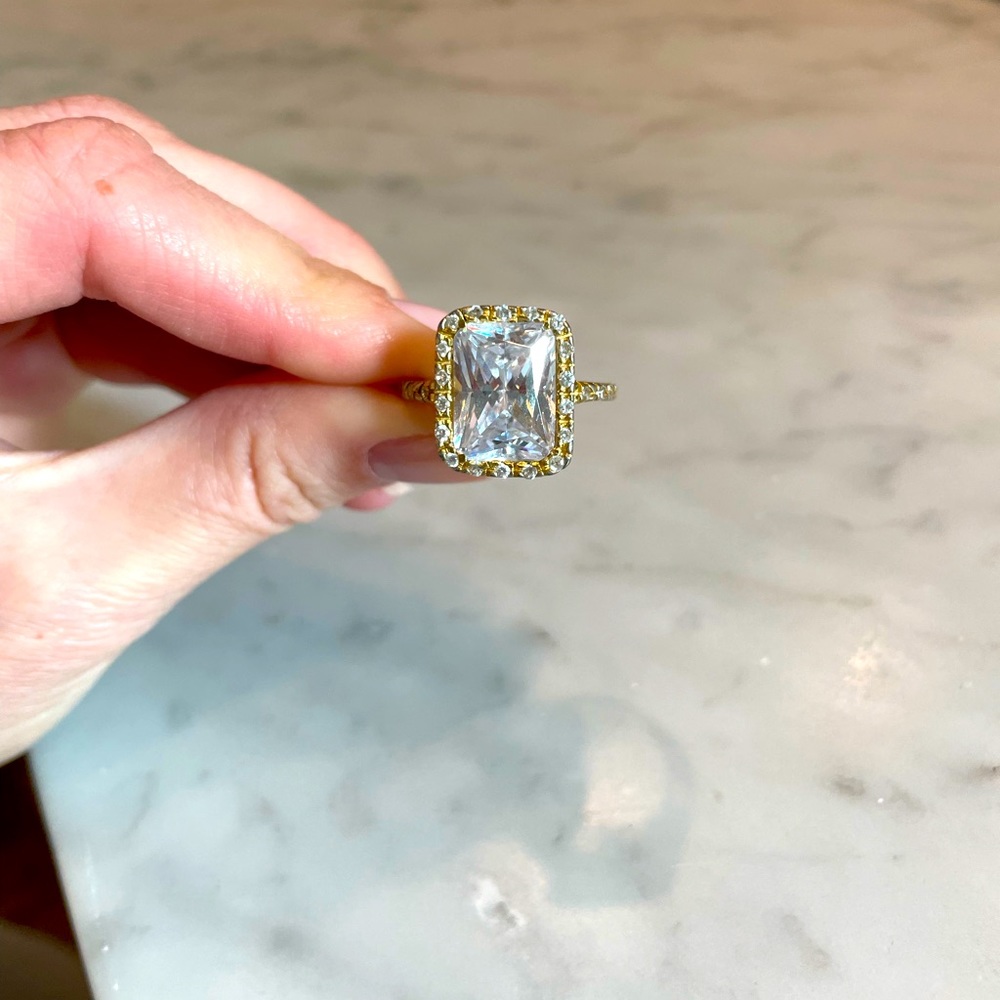 Emerald cut simulated diamond engagement ring / costume jewelry